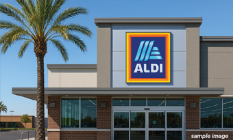 Sample image of an ALDI grocery storefront representing the planned tenant at Puente Hills Town Center in Rowland Heights, CA, featuring a contemporary façade with gray and brick materials, large entrance windows, and a palm tree positioned along the walkway.