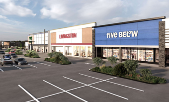 Rendering of retail storefronts at Rockland Plaza in Nanuet, NY, including Livingston and Five Below, shown with updated contemporary façades, large windows, landscaped parking islands, and an expansive drive aisle in the foreground.