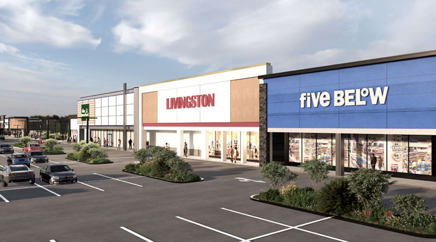 Rendering of retail storefronts at Rockland Plaza in Nanuet, NY, including Livingston and Five Below, shown with updated contemporary façades, large windows, landscaped parking islands, and an expansive drive aisle in the foreground.
