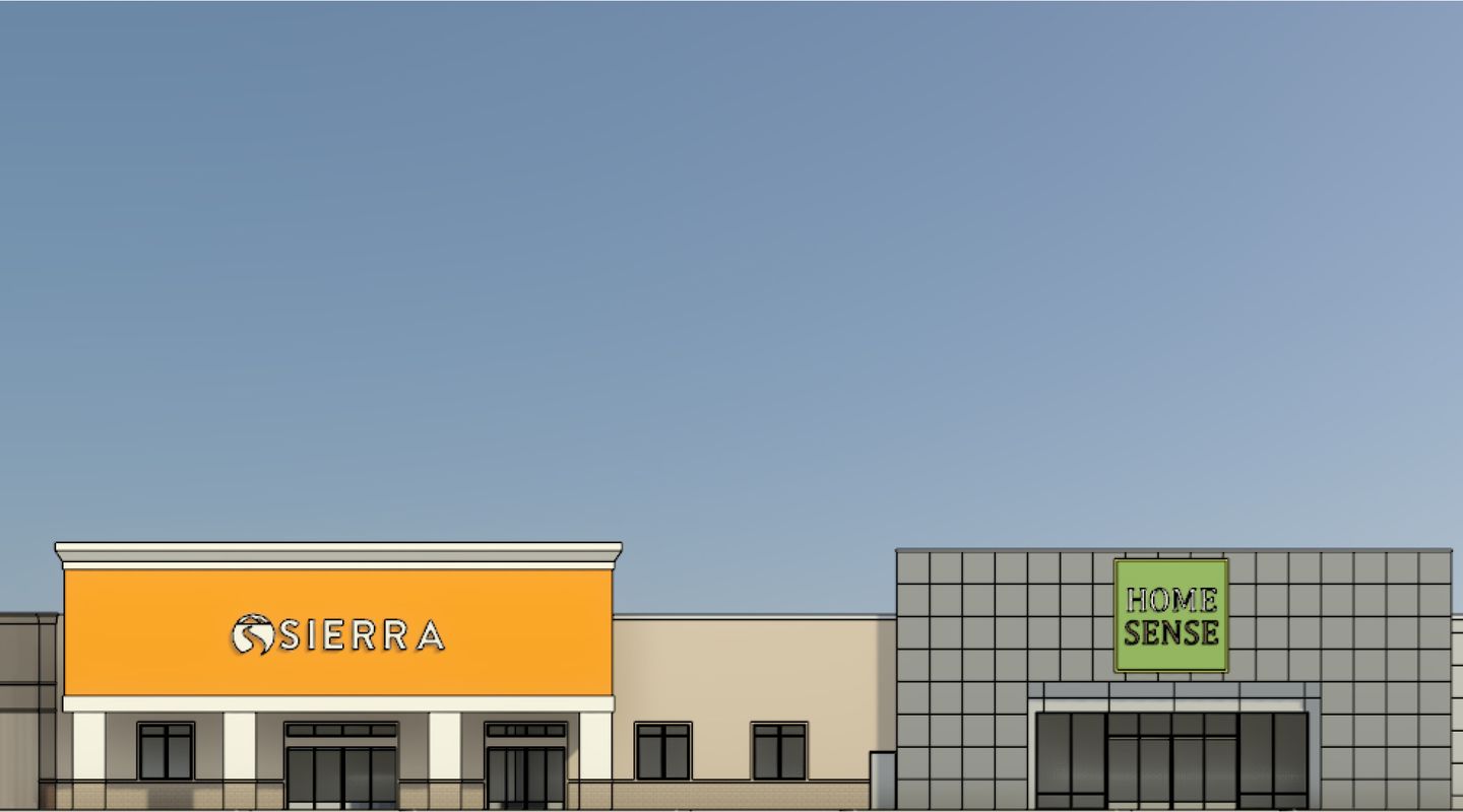Rendering of the South Towne Centre redevelopment in Dayton, Ohio, featuring modernized retail façades, updated storefront architecture, new HomeSense and Sierra locations, enhanced pedestrian experience, and improvements to the shopping center's tenant mix and customer appeal.