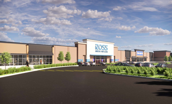 Rendering of Ross Dress for Less at Tinley Park Plaza in Tinley Park, IL, featuring a modernized façade with tan and white architectural elements, blue accent panels, landscaped walkways, and adjacent inline retail spaces set behind a large parking field under a partly cloudy sky.