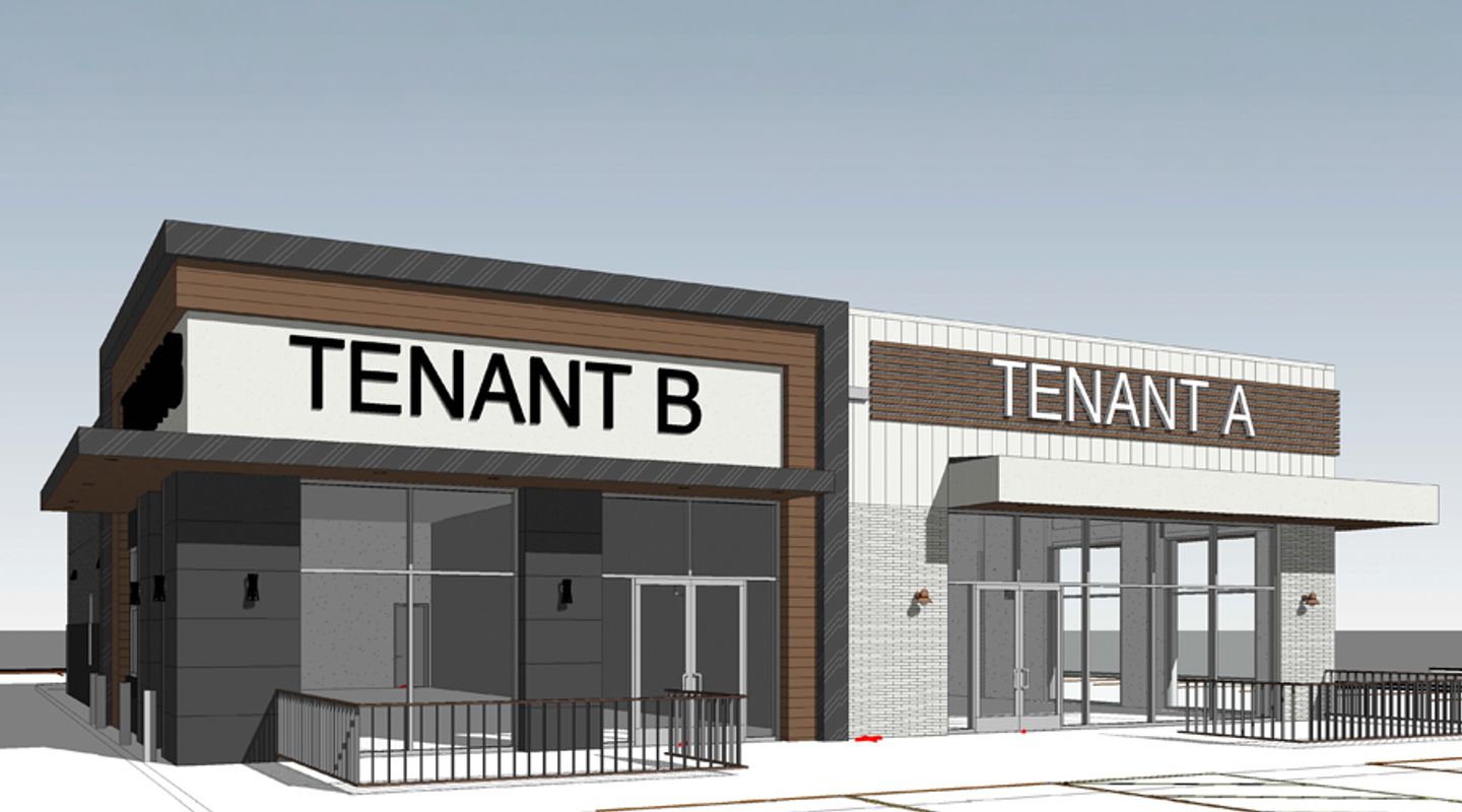 Architectural rendering of two future tenant spaces at Wynnewood Village in Dallas, TX, labeled Tenant A and Tenant B, each with modern façades featuring mixed materials, large storefront glazing, contemporary awnings, and accessible walkway areas.