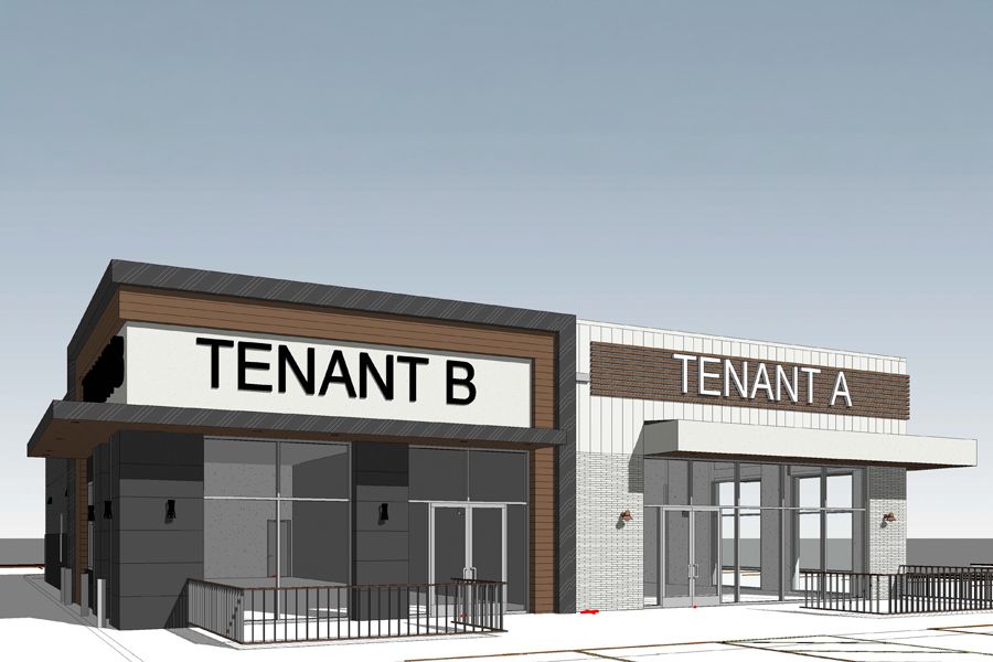 Architectural rendering of two future tenant spaces at Wynnewood Village in Dallas, TX, labeled Tenant A and Tenant B, each with modern façades featuring mixed materials, large storefront glazing, contemporary awnings, and accessible walkway areas.